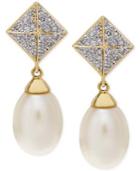 Cultured Freshwater Pearl (9x7mm) And Diamond (1/8 Ct. T.w.) Pyramid Drop Earrings In 14k Gold