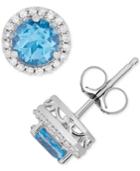 Blue Topaz (1-1/4 Ct. T.w.) & Diamond (1/8 Ct. T.w.) Halo Stud Earrings In 14k White Gold