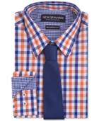 Nick Graham Men's Fitted Orange Multi Gingham Dress Shirt With Blue Textured Tie Set