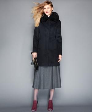 The Fur Vault Removable Fox Fur Collar Cashmere Coat