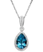 Blue Topaz (3 Ct. T.w.) And Diamond (1/10 Ct. T.w.) Teardrop Pear Pendant Necklace In 14k White Gold