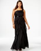 Adrianna Papell Plus Size One-shoulder Tiered Chiffon Gown