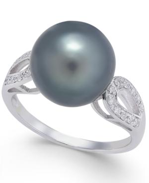 Cultured Tahitian Pearl (11mm) & Diamond (1/10 Ct. T.w.) Ring In 14k White Gold