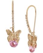 Betsey Johnson Gold-tone Filigree Butterfly And Pink Stone Drop Earrings