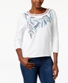 Alfred Dunner Petite Embroidered Three-quarter-sleeve Sweater