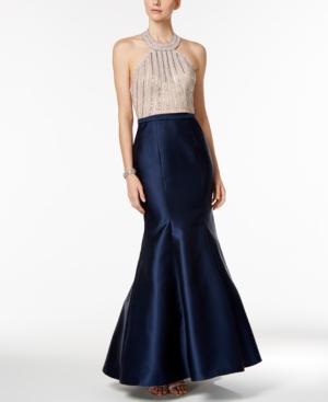 Xscape Beaded Open-back Mermaid Halter Gown