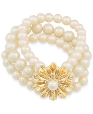 Carolee Gold-tone Pave & Imitation Pearl Flower Stretch Bracelet