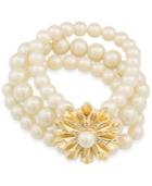 Carolee Gold-tone Pave & Imitation Pearl Flower Stretch Bracelet