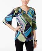 Ny Collection Petite Printed Cold-shoulder Keyhole Top