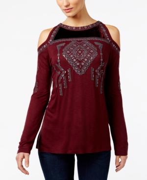 Inc International Concepts Embroidered Cold-shoulder Top, Only At Macy's