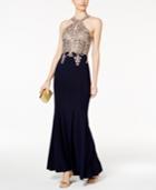 Xscape Embroidered Mesh Halter Gown