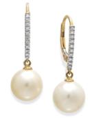 14k White Gold Earrings, Cultured Freshwater Pearl (10mm) And Diamond ( 1/10 Ct.t.w) Leverback Earrings (also Available In 14k Yellow Gold Or Pink Cultured Freshwater Pearls In 14k Rose Gold)