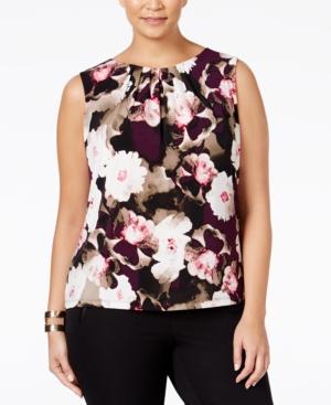 Calvin Klein Plus Size Floral-print Pleat-neck Shell