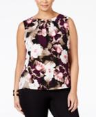 Calvin Klein Plus Size Floral-print Pleat-neck Shell