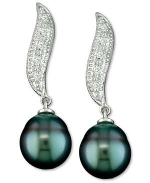 Diamond Accent And Tahitian Pearl Earrings In 14k White Gold (8mm)