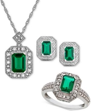 Lab Created Emerald (2-3/8 Ct. T.w.) & White Sapphire (1/4 Ct. T.w.) Pendant Necklace, Stud Earrings & Ring Set In Sterling Silver