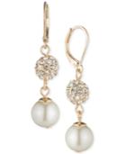 Anne Klein Gold-tone Pave Orb & Imitation Pearl Double Drop Earrings