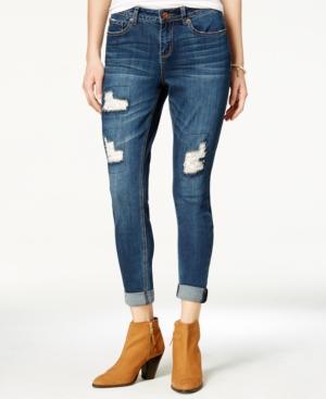 Vanilla Star Juniors' Ripped Crochet-inset Rolled Cropped Skinny Jeans