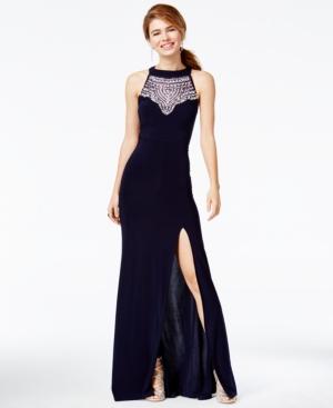 B Darlin Juniors' Jeweled Open-back Halter Gown