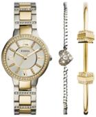 Fossil Women's Virginia Crystal Accent Two-tone Stainless Steel Bracelet Watch & 2 Bracelets Box Set 30mm Es3871set
