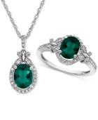 Lab Created Emerald (1-3/4 Ct. T.w.) & White Sapphire (3/4 Ct. T.w.) Pendant Necklace & Ring In Sterling Silver