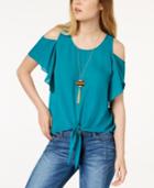Bcx Juniors' Cold-shoulder Tie-front Top With Necklace