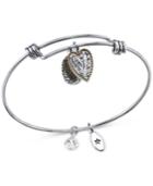 Unwritten Two-tone Crystal Accented Love Life Charm Adjustable Bangle Bracelet In Stainless Steel With 14k Gold-plating