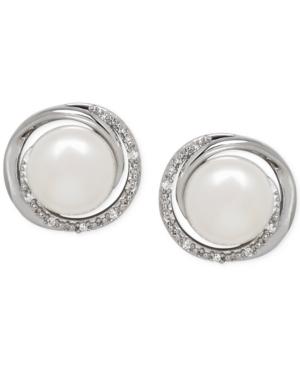 Freshwater Pearl (7mm) And Diamond Accent Swirl Stud Earrings In Sterling Silver