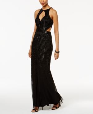 Adrianna Papell Ombre Beaded Cutout Halter Gown