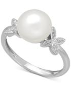 Cultured Freshwater Pearl (9mm) And Diamond Accent Butterfly Ring In Sterling Silver