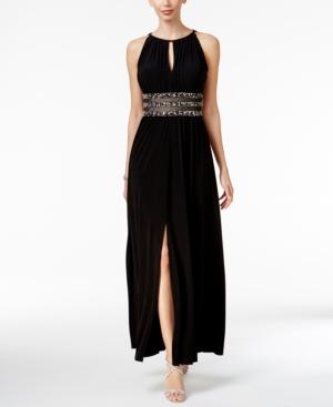 R & M Richards Beaded Gathered Keyhole Gown