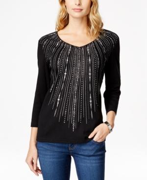 Karen Scott Embellished Three-quarter-sleeve Top, Only At Macy's