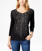 Karen Scott Embellished Three-quarter-sleeve Top, Only At Macy's