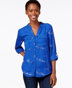 Ny Collection Petite Sequined Split-neck Top