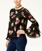 Lily Black Juniors' Printed Lace-up Bell-sleeve Top, Created For Macy's