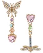 Betsey Johnson Gold-tone Multi-stone Butterfly & Dragonfly Mismatch Drop Earrings