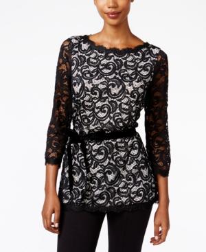 Charter Club Petite Belted Lace Top, Only At Macy's