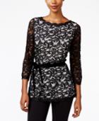 Charter Club Petite Belted Lace Top, Only At Macy's