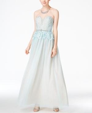 B Darlin Juniors' Strapless Lace Peplum Gown