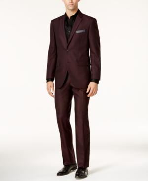 Perry Ellis Men's Slim-fit Burgundy Tonal Grid Suit