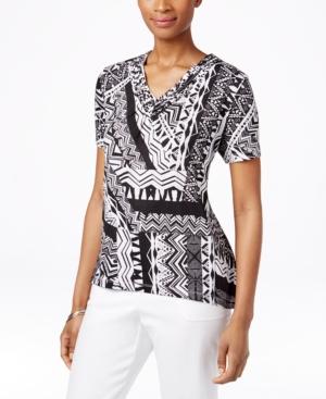 Alfred Dunner Petite Printed Bead-trim V-neck Top