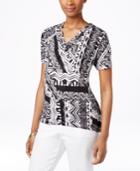 Alfred Dunner Petite Printed Bead-trim V-neck Top