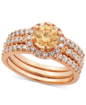 Champagne And Clear Cubic Zirconia Stack-look Halo Ring In 18k Rose Gold-plated Sterling Silver