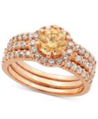 Champagne And Clear Cubic Zirconia Stack-look Halo Ring In 18k Rose Gold-plated Sterling Silver