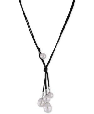 Majorica Leather And Baroque Pearl Lariat Necklace