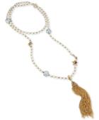 Betsey Johnson Gold-tone Multi-stone Star & Imitation Pearl Chain Tassel Pendant Necklace