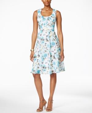 Connected Petite Sleeveless Floral-print Empire-waist Dress