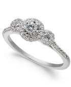 Diamond Three-stone Halo Engagement Ring (1/2 Ct. T.w.) In 14k White Gold