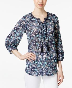 Style & Co. Printed Lace Up Peasant Blouse, Only At Macy's