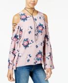 Hippie Rose Juniors' Printed Bell-sleeve Cold-shoulder Top